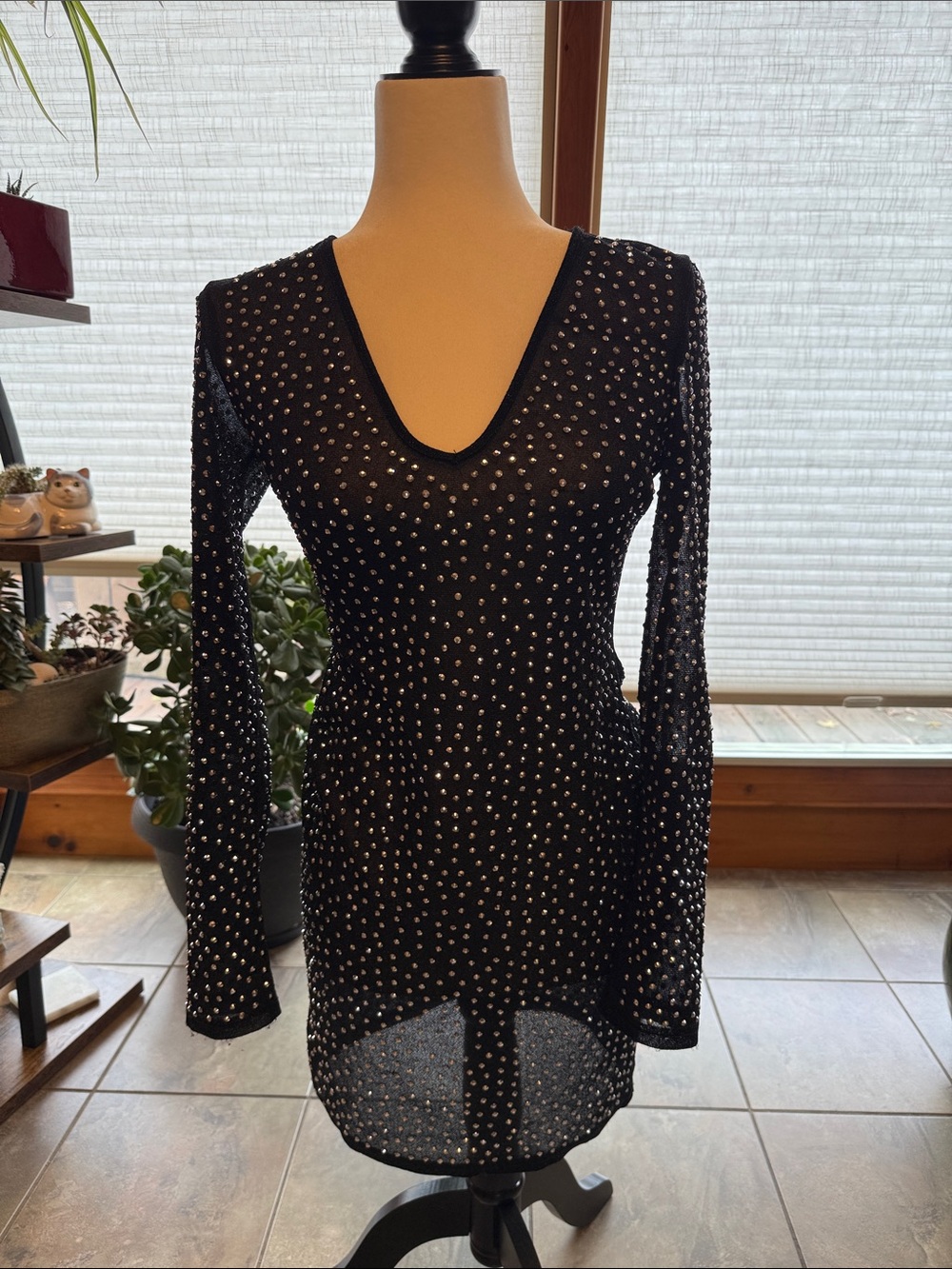 Black Long-Sleeve V-Neck Embellished Women’s Dress